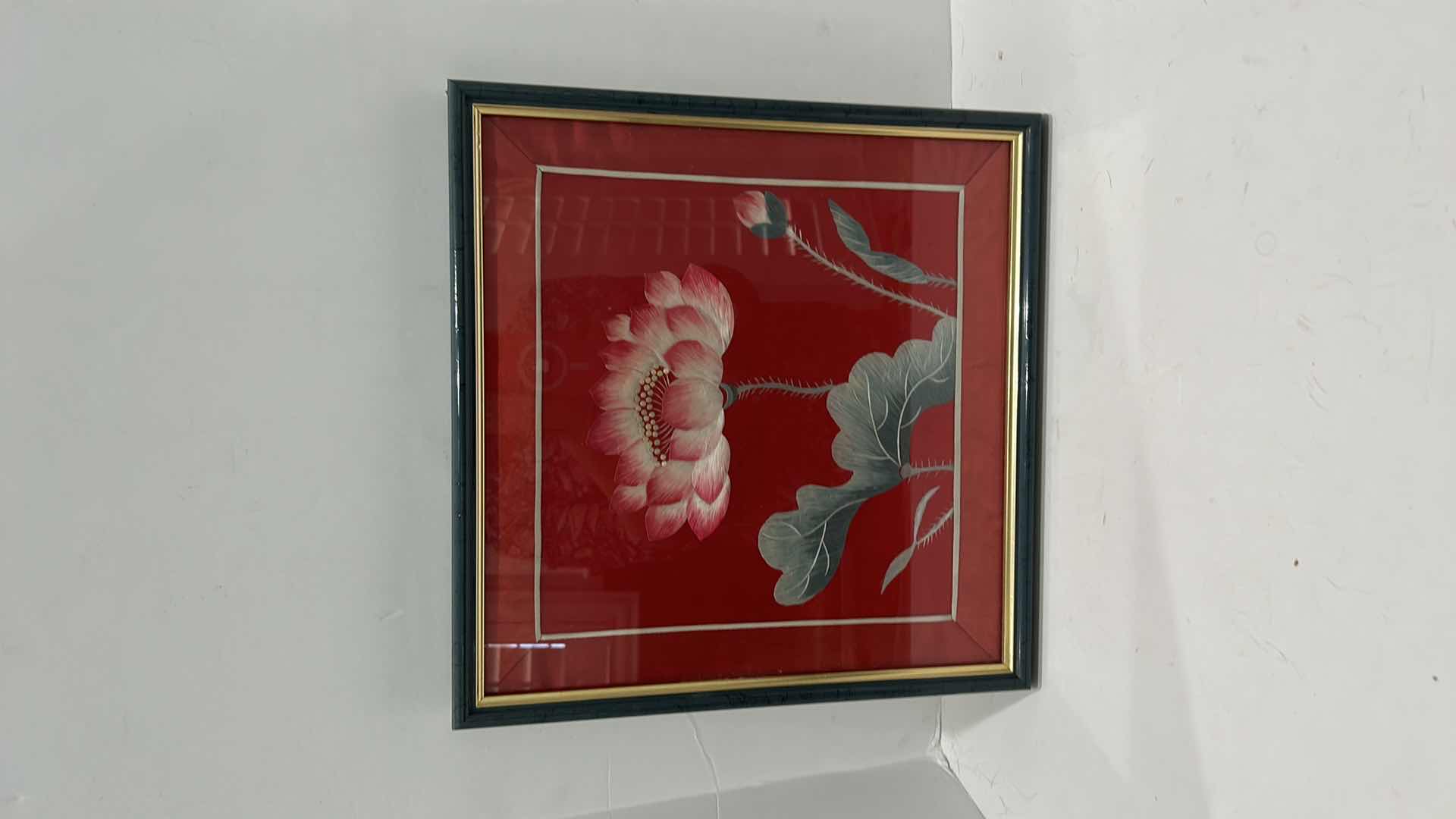 Photo 1 of ANTIQUE CHINESE TEXTILE FABRIC, SILK WITH SILK THREAD HAND EMBROIDERY ARTWORK FRAMED 13 1/2” x 13 1/2”