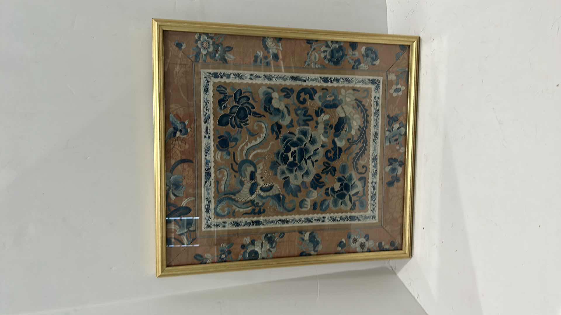 Photo 1 of ANTIQUE CHINESE TEXTILE FABRIC, SILK WITH SILK THREAD HAND EMBROIDERY ARTWORK FRAMED 16 1/2” x 18 1/2”