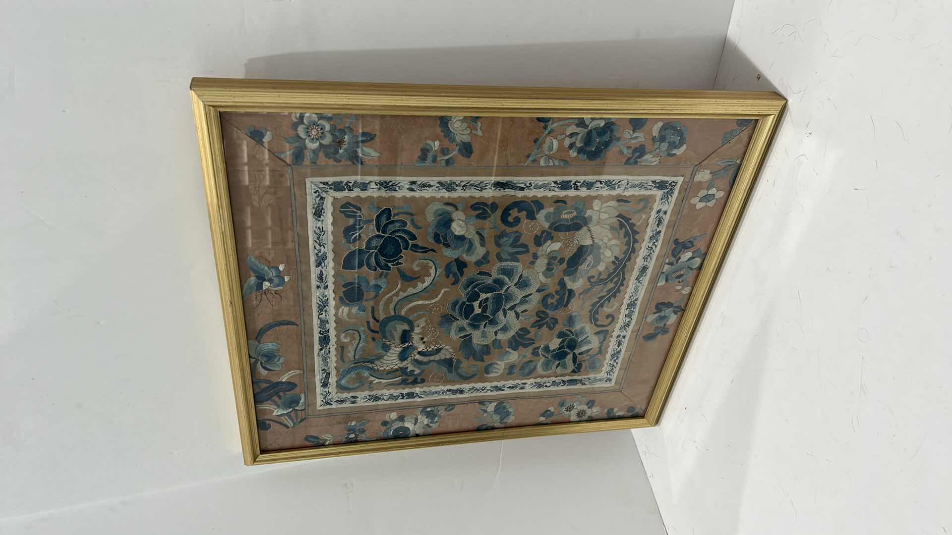 Photo 1 of ANTIQUE CHINESE TEXTILE FABRIC, SILK WITH SILK THREAD HAND EMBROIDERY ARTWORK FRAMED 16 1/2” x 18 1/2”