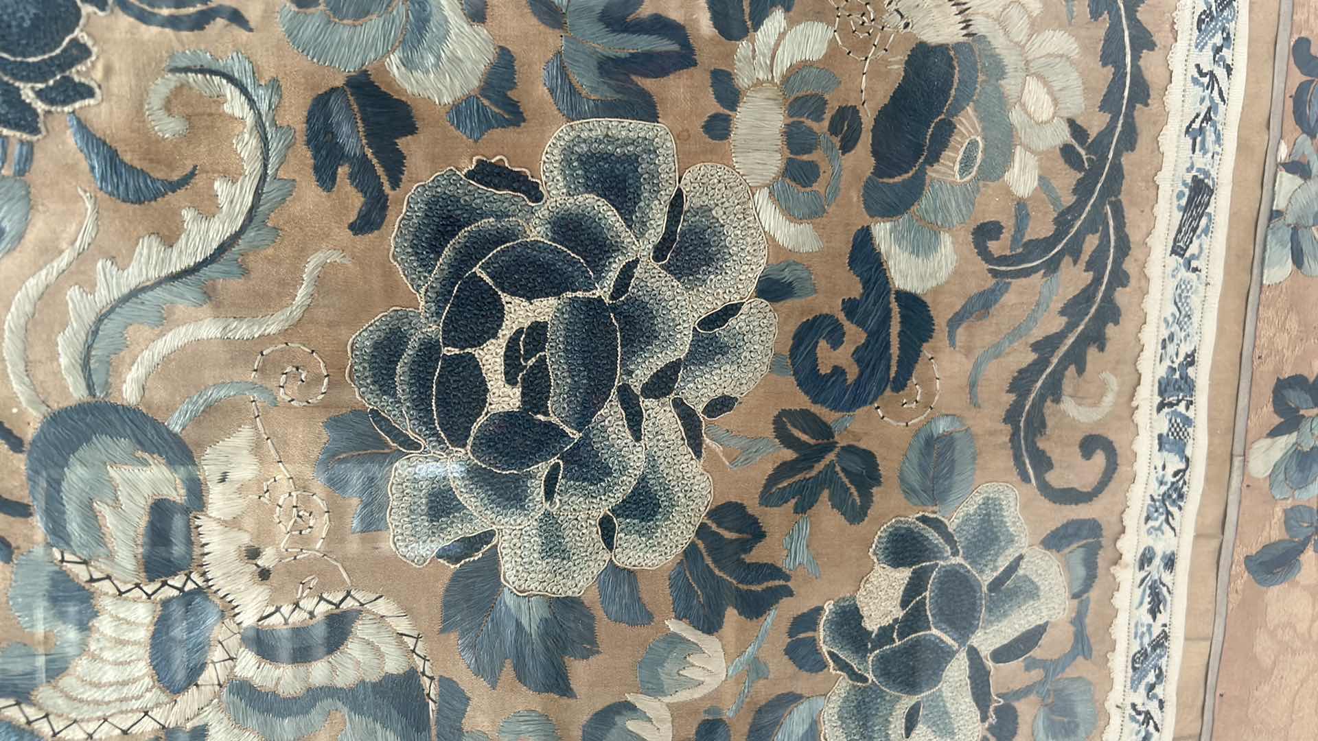 Photo 1 of ANTIQUE CHINESE TEXTILE FABRIC, SILK WITH SILK THREAD HAND EMBROIDERY ARTWORK FRAMED 16 1/2” x 18 1/2”