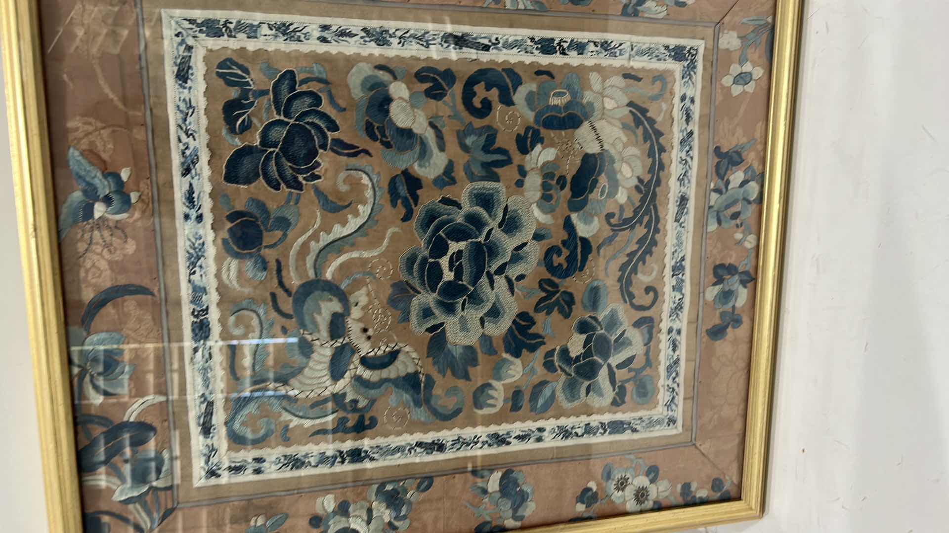 Photo 1 of ANTIQUE CHINESE TEXTILE FABRIC, SILK WITH SILK THREAD HAND EMBROIDERY ARTWORK FRAMED 16 1/2” x 18 1/2”