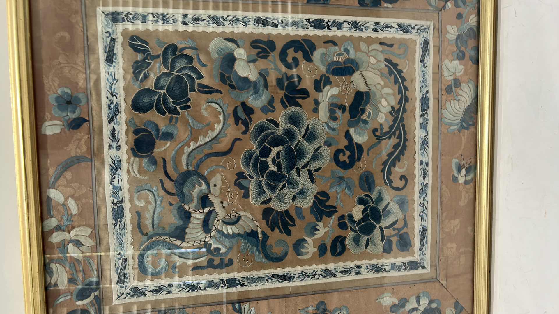 Photo 2 of ANTIQUE CHINESE TEXTILE FABRIC, SILK WITH SILK THREAD HAND EMBROIDERY ARTWORK FRAMED14 1/2” x 17” 16 1/2” x 18 1/2”
