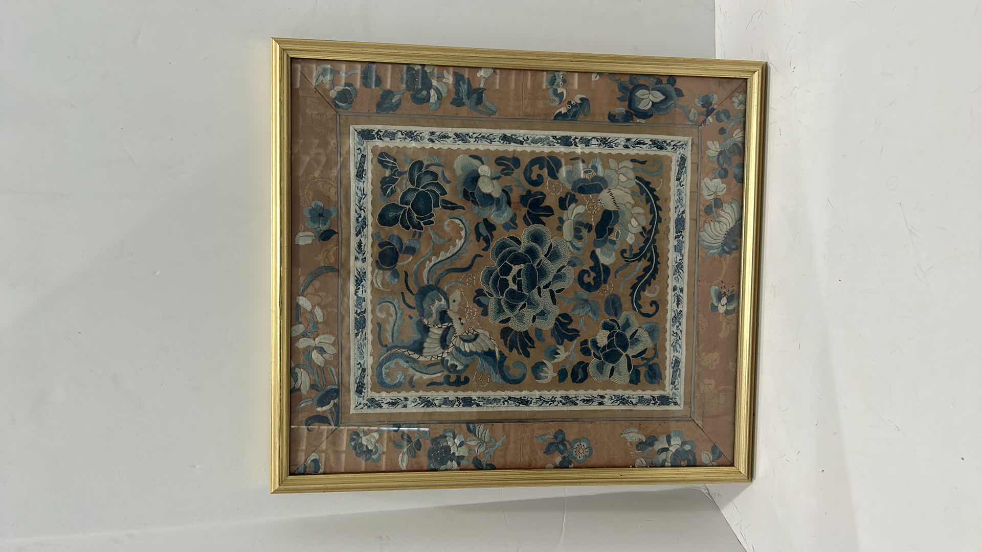 Photo 1 of ANTIQUE CHINESE TEXTILE FABRIC, SILK WITH SILK THREAD HAND EMBROIDERY ARTWORK FRAMED14 1/2” x 17” 16 1/2” x 18 1/2”