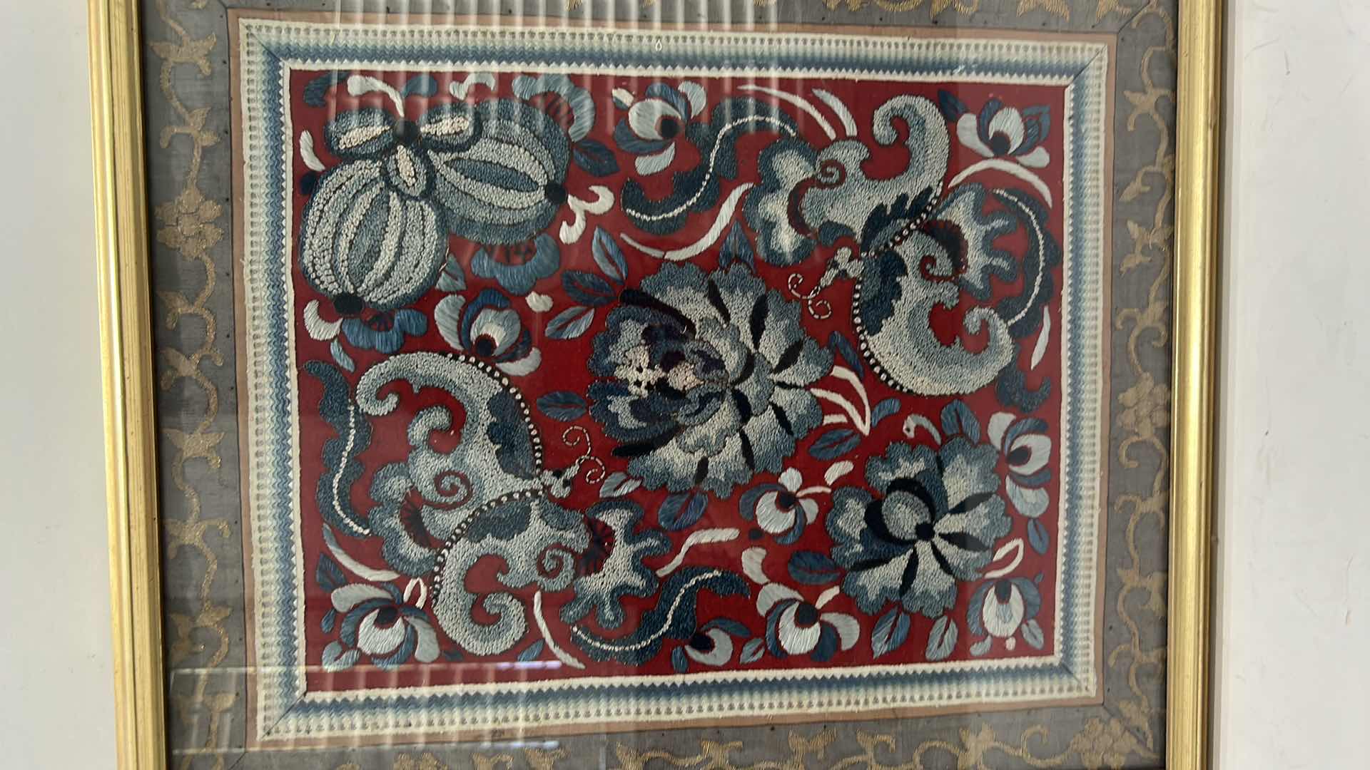 Photo 1 of ANTIQUE CHINESE TEXTILE FABRIC, SILK WITH SILK THREAD HAND EMBROIDERY ARTWORK FRAMED 14 1/2” x 17”