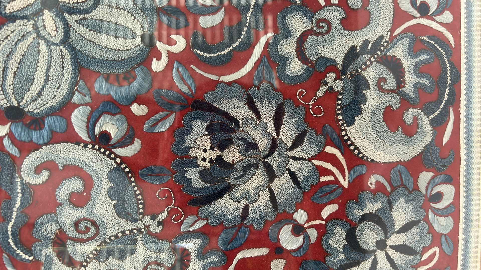 Photo 1 of ANTIQUE CHINESE TEXTILE FABRIC, SILK WITH SILK THREAD HAND EMBROIDERY ARTWORK FRAMED 14 1/2” x 17”