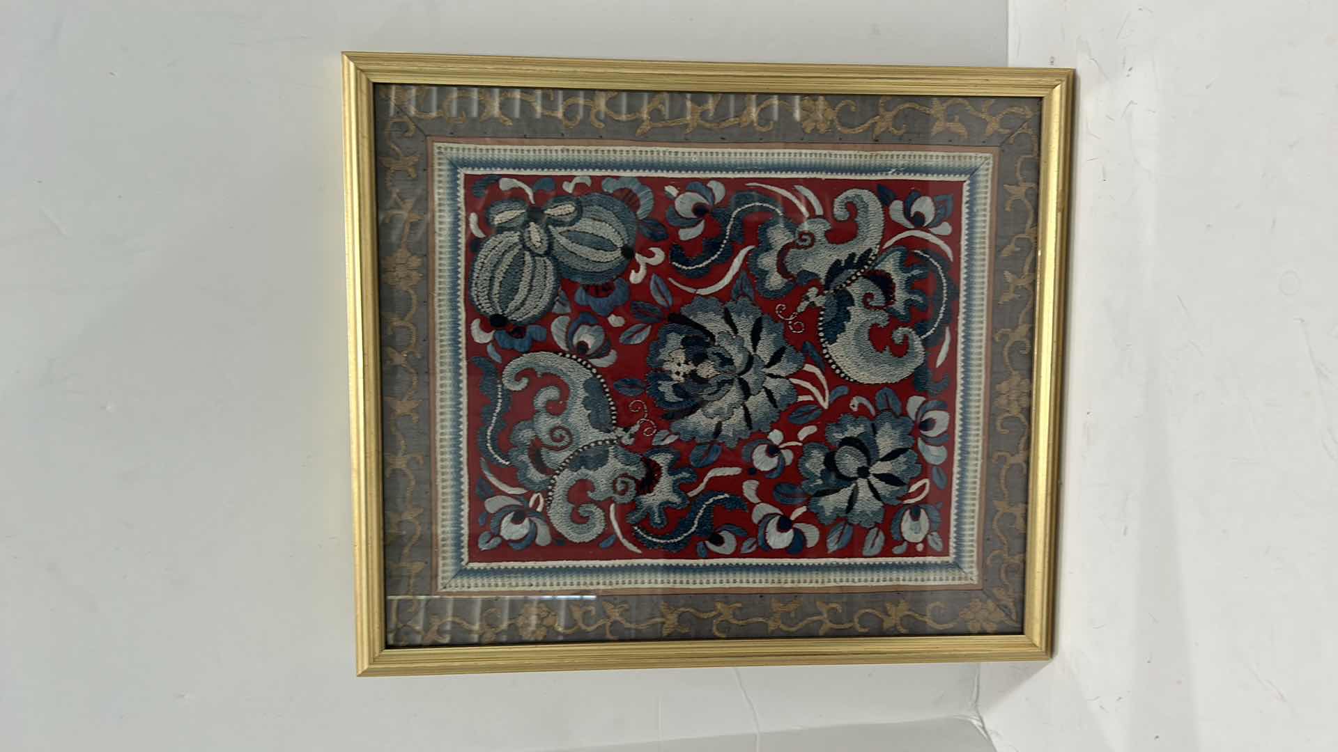 Photo 1 of ANTIQUE CHINESE TEXTILE FABRIC, SILK WITH SILK THREAD HAND EMBROIDERY ARTWORK FRAMED 14 1/2” x 17”