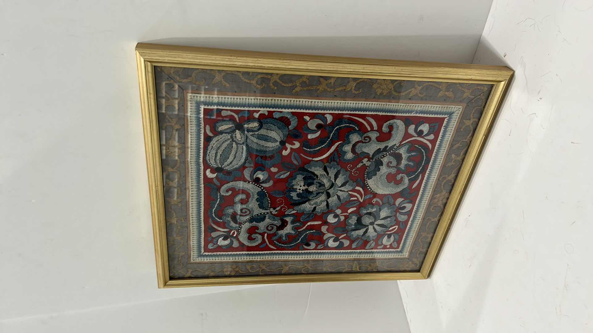 Photo 1 of ANTIQUE CHINESE TEXTILE FABRIC, SILK WITH SILK THREAD HAND EMBROIDERY ARTWORK FRAMED 14 1/2” x 17”