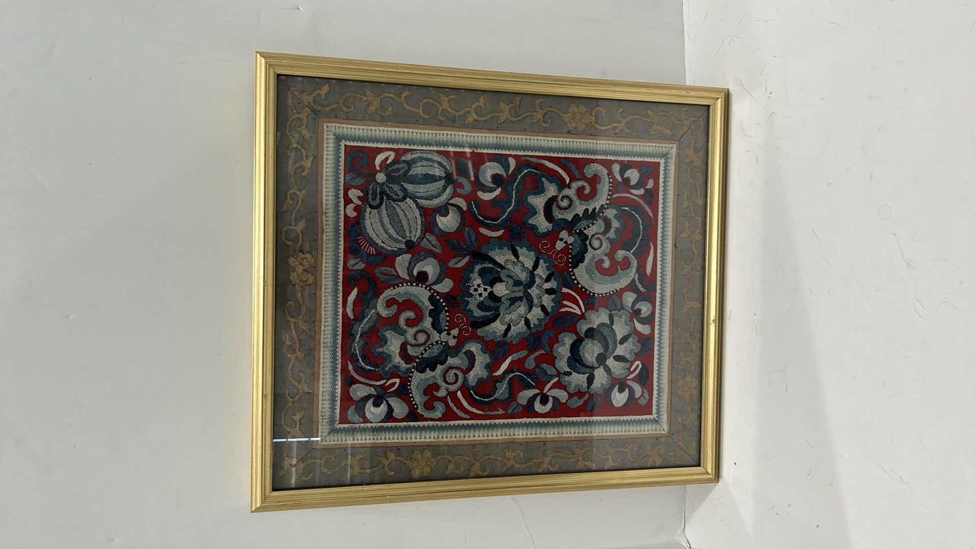 Photo 1 of 1ANTIQUE CHINESE TEXTILE FABRIC, SILK WITH SILK THREAD HAND EMBROIDERY ARTWORK FRAMED 14 1/2” x 17”4 1/2” x 17”