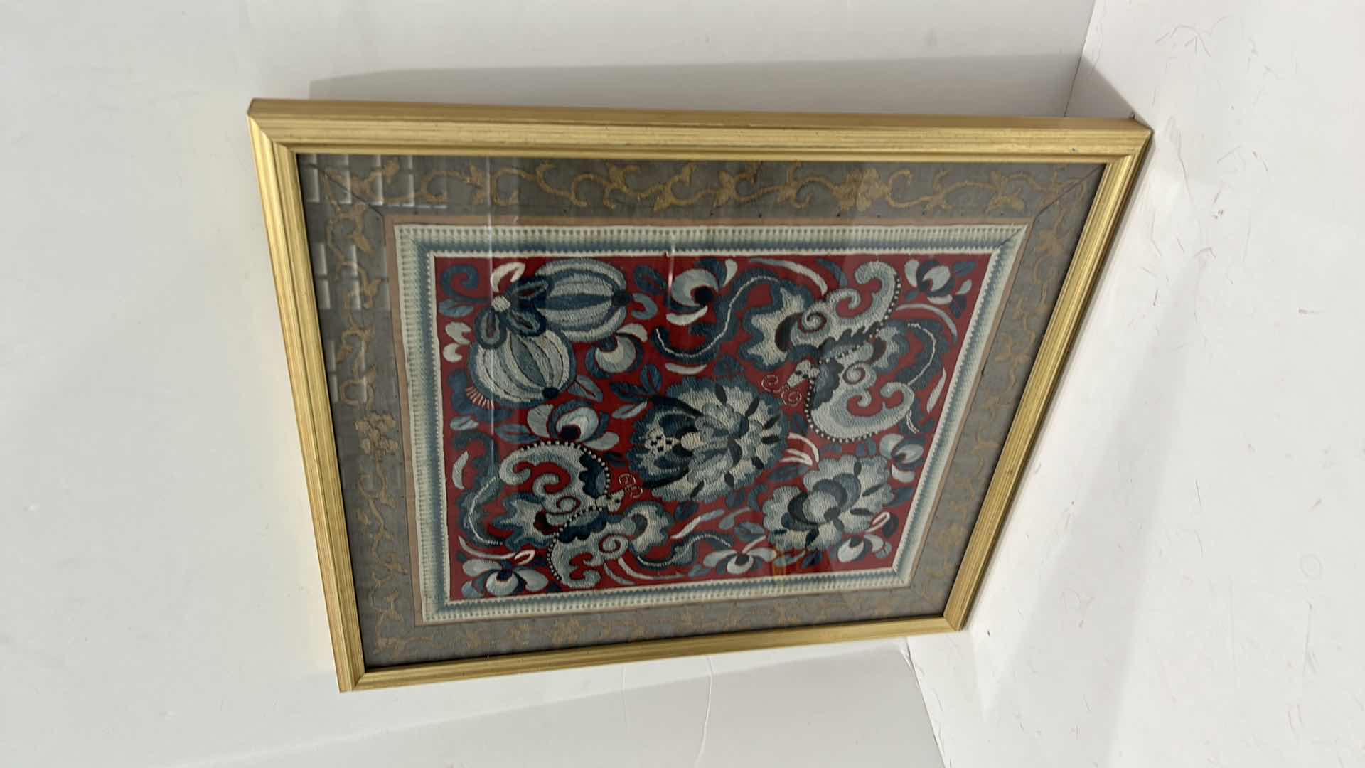 Photo 1 of 1ANTIQUE CHINESE TEXTILE FABRIC, SILK WITH SILK THREAD HAND EMBROIDERY ARTWORK FRAMED 14 1/2” x 17”4 1/2” x 17”
