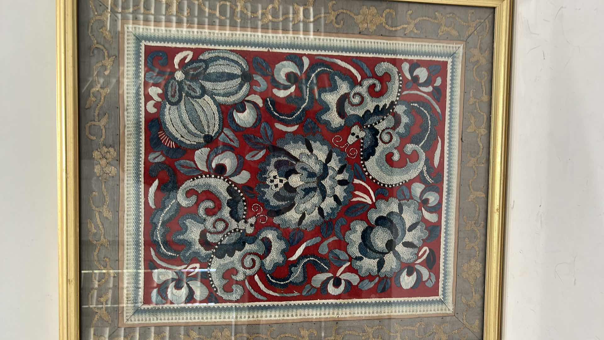 Photo 1 of 1ANTIQUE CHINESE TEXTILE FABRIC, SILK WITH SILK THREAD HAND EMBROIDERY ARTWORK FRAMED 14 1/2” x 17”4 1/2” x 17”
