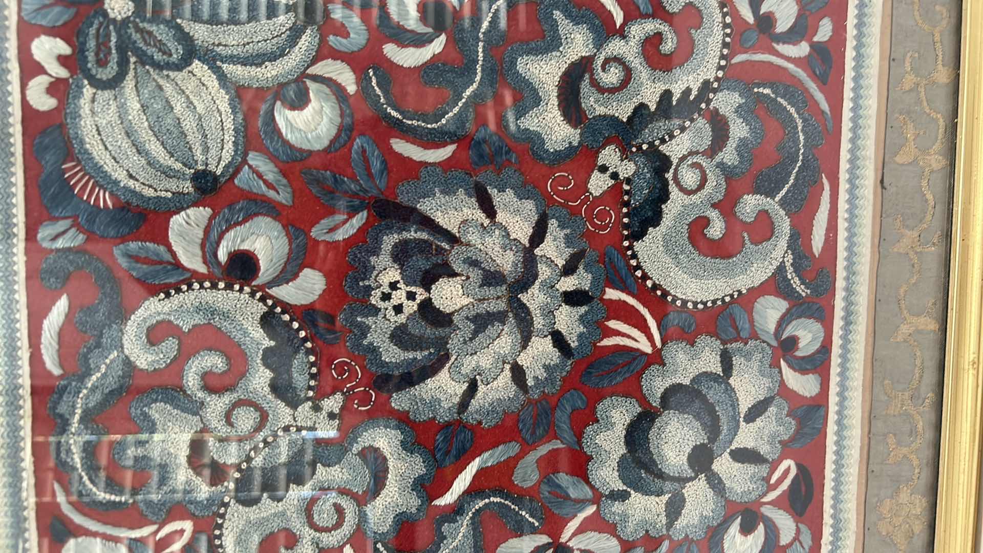 Photo 1 of 1ANTIQUE CHINESE TEXTILE FABRIC, SILK WITH SILK THREAD HAND EMBROIDERY ARTWORK FRAMED 14 1/2” x 17”4 1/2” x 17”
