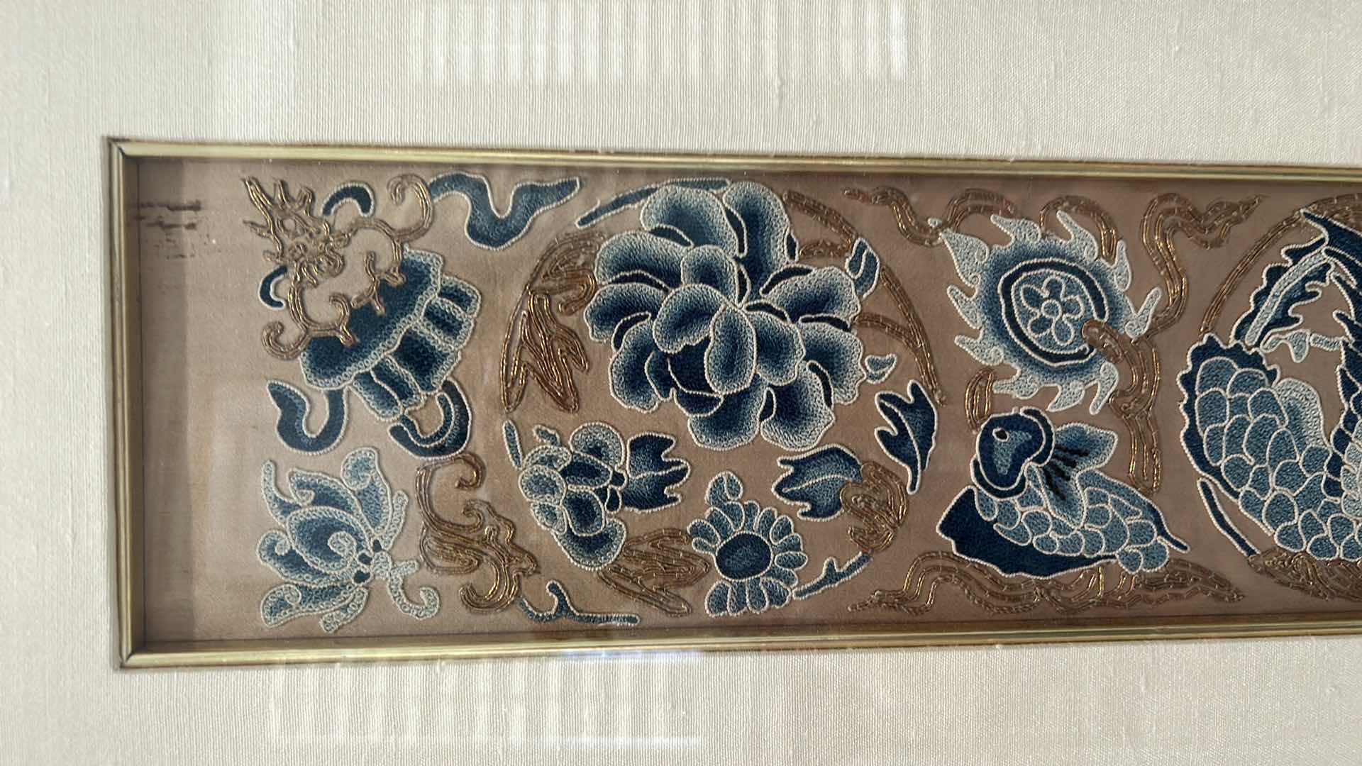 Photo 1 of SHADOW BOX WITH VINTAGE SILK TEXTILE FABRIC WITH SILK EMBROIDERY, ARTWORK 10 1/2” x 29”