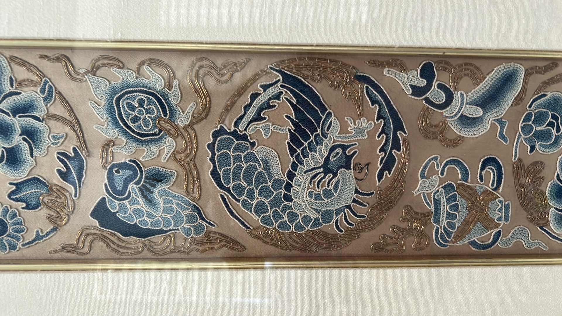 Photo 4 of SHADOW BOX WITH VINTAGE SILK TEXTILE FABRIC WITH SILK EMBROIDERY, ARTWORK 10 1/2” x 29”