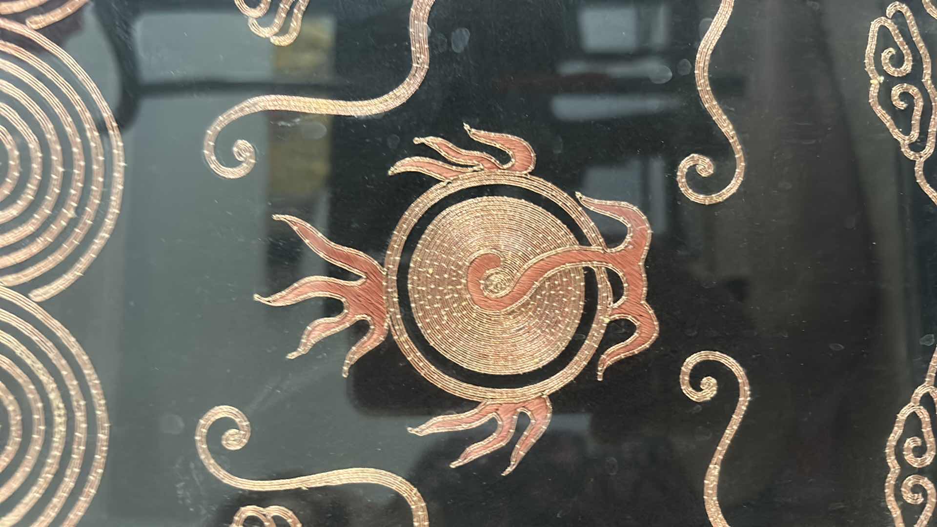 Photo 8 of ANTIQUE CHINESE TEXTILE FABRIC, DRAGONS  SILK WITH SILK THREAD HAND EMBROIDERY ARTWORK FRAMED 4’ x 19”