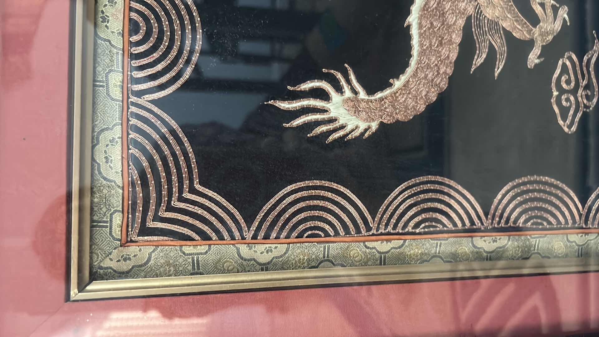 Photo 1 of ANTIQUE CHINESE TEXTILE FABRIC, DRAGONS  SILK WITH SILK THREAD HAND EMBROIDERY ARTWORK FRAMED 4’ x 19”