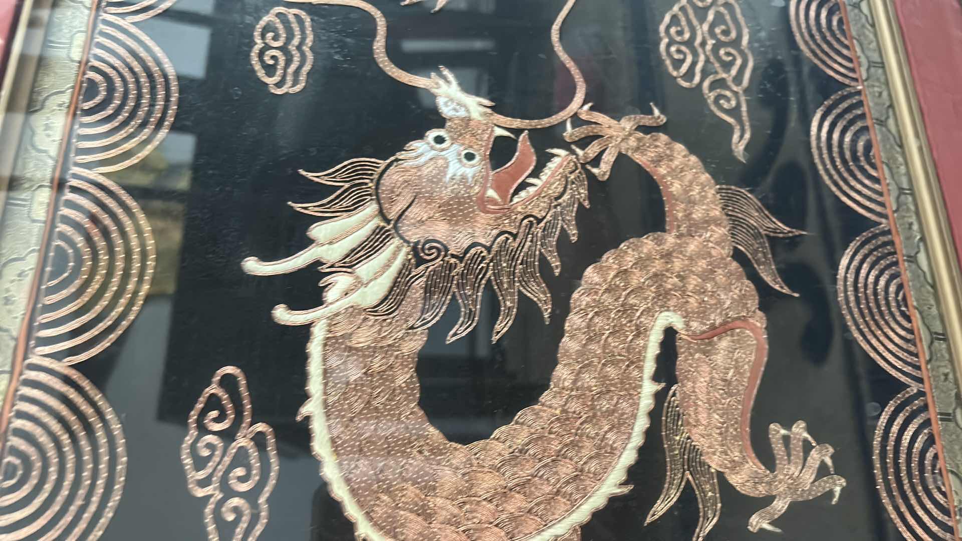 Photo 6 of ANTIQUE CHINESE TEXTILE FABRIC, DRAGONS  SILK WITH SILK THREAD HAND EMBROIDERY ARTWORK FRAMED 4’ x 19”