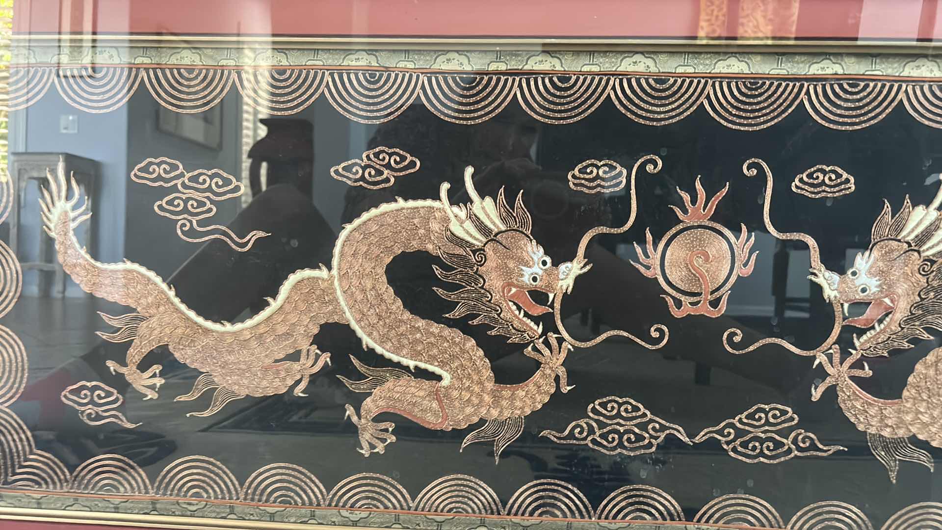 Photo 2 of ANTIQUE CHINESE TEXTILE FABRIC, DRAGONS  SILK WITH SILK THREAD HAND EMBROIDERY ARTWORK FRAMED 4’ x 19”