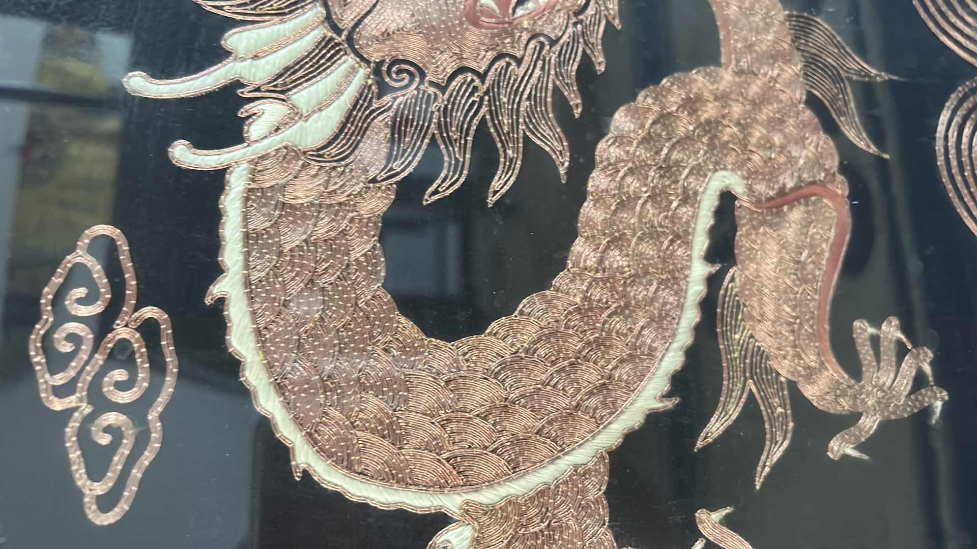 Photo 5 of ANTIQUE CHINESE TEXTILE FABRIC, DRAGONS  SILK WITH SILK THREAD HAND EMBROIDERY ARTWORK FRAMED 4’ x 19”