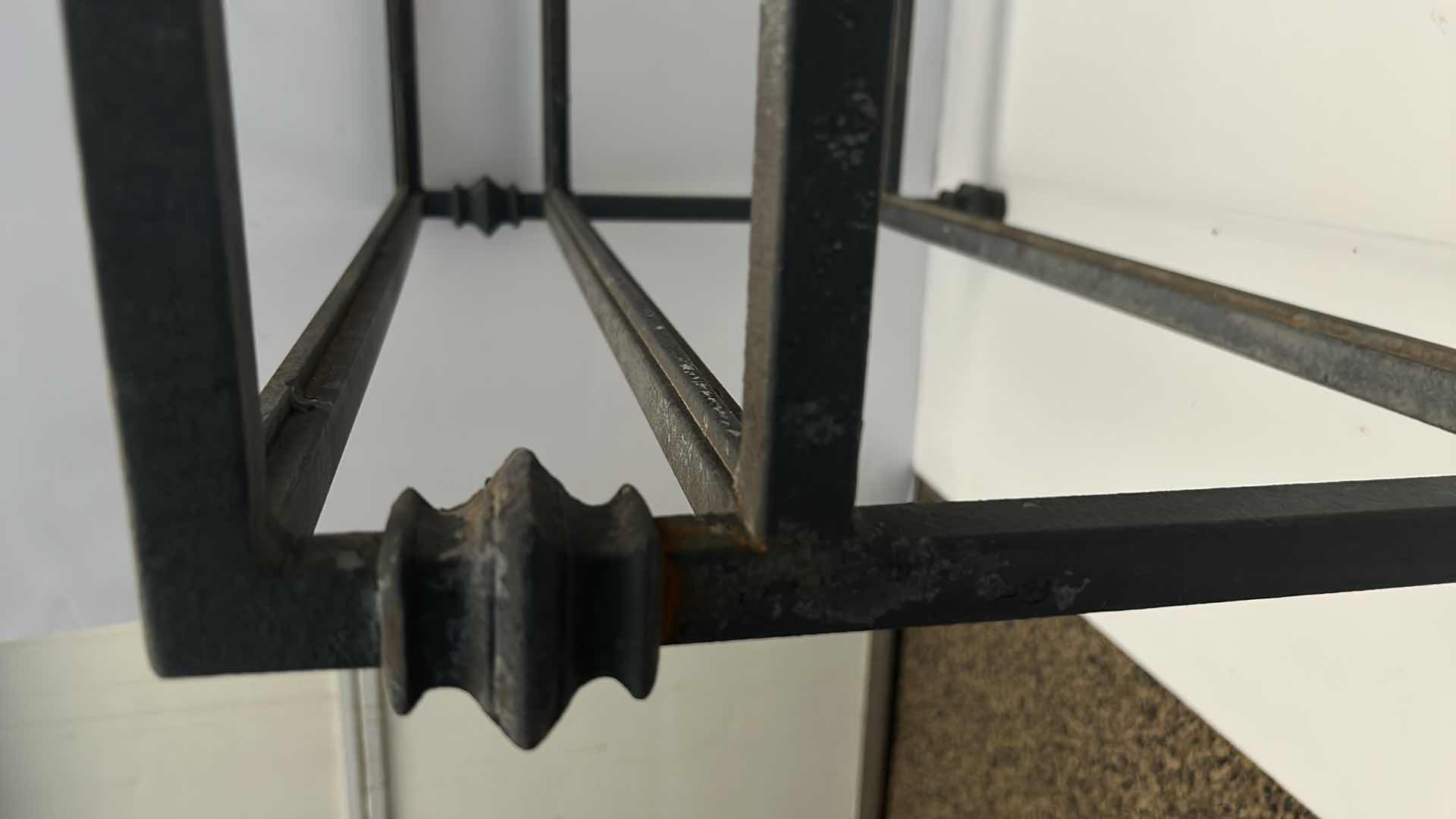 Photo 4 of HEAVY AGED METAL COFFEE TABLE WITH 3 GLASS PIECES FROM MONTEREY CA $760 in 1989 27” x 27” x H19”