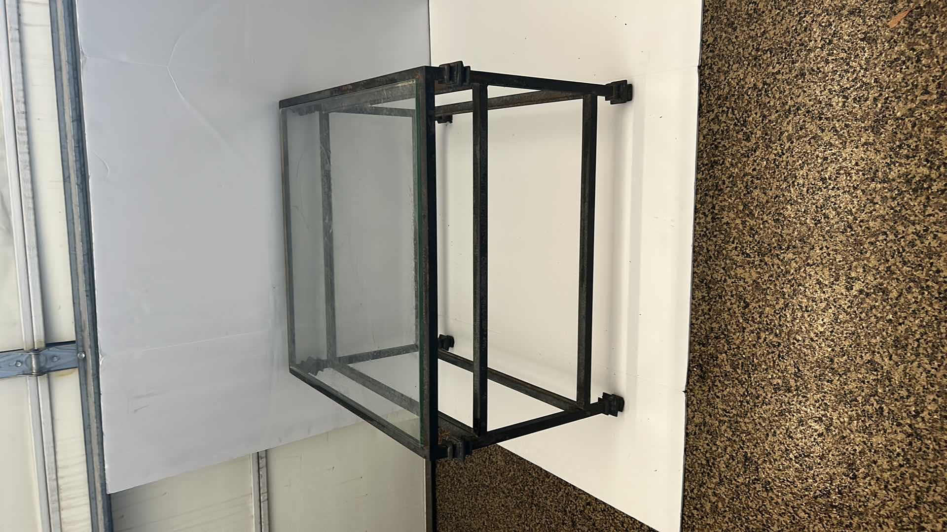 Photo 5 of HEAVY AGED METAL COFFEE TABLE WITH 3 GLASS PIECES FROM MONTEREY CA $760 in 1989 27” x 27” x H19”