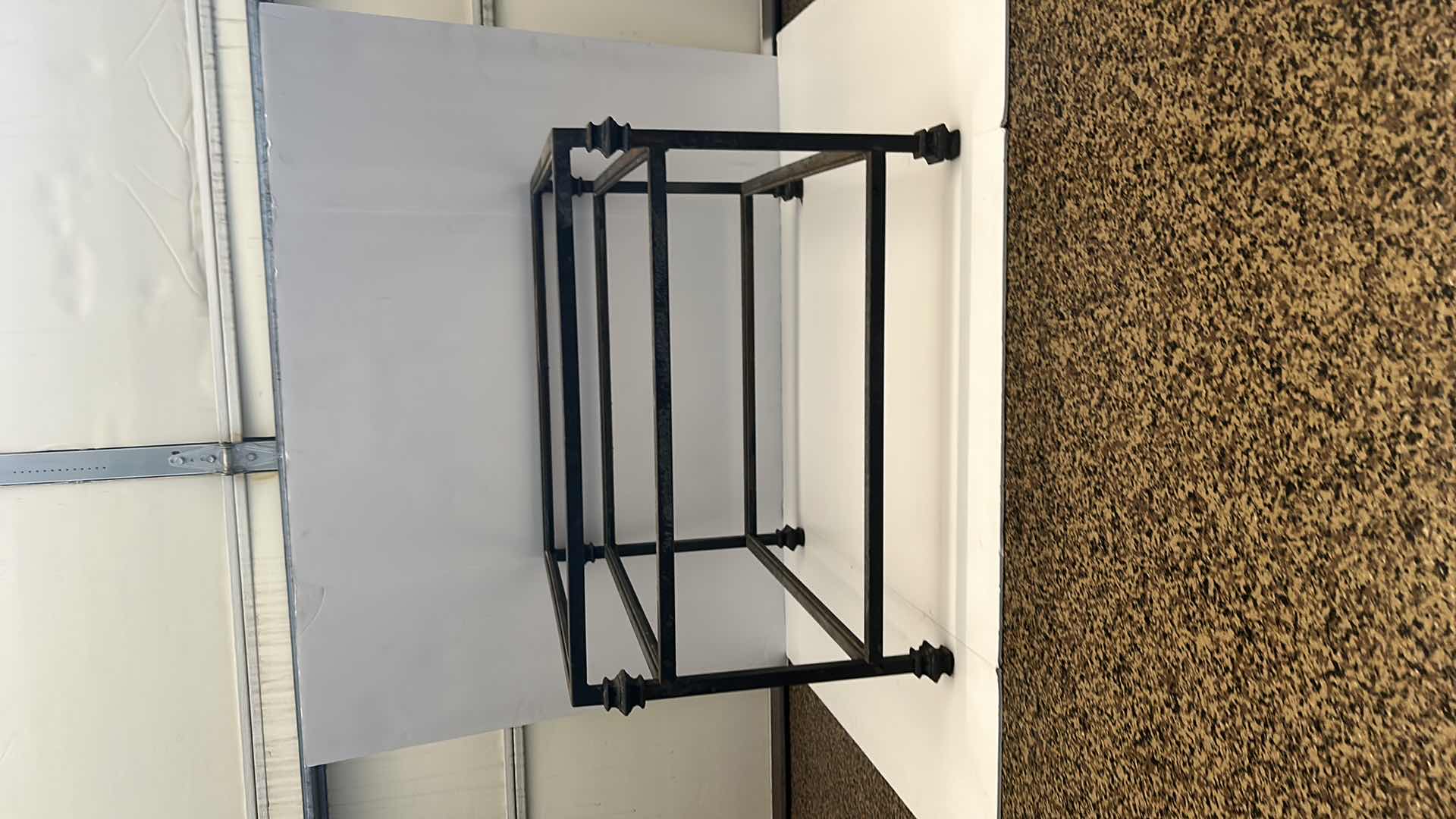 Photo 7 of HEAVY AGED METAL COFFEE TABLE WITH 3 GLASS PIECES FROM MONTEREY CA $760 in 1989 27” x 27” x H19”