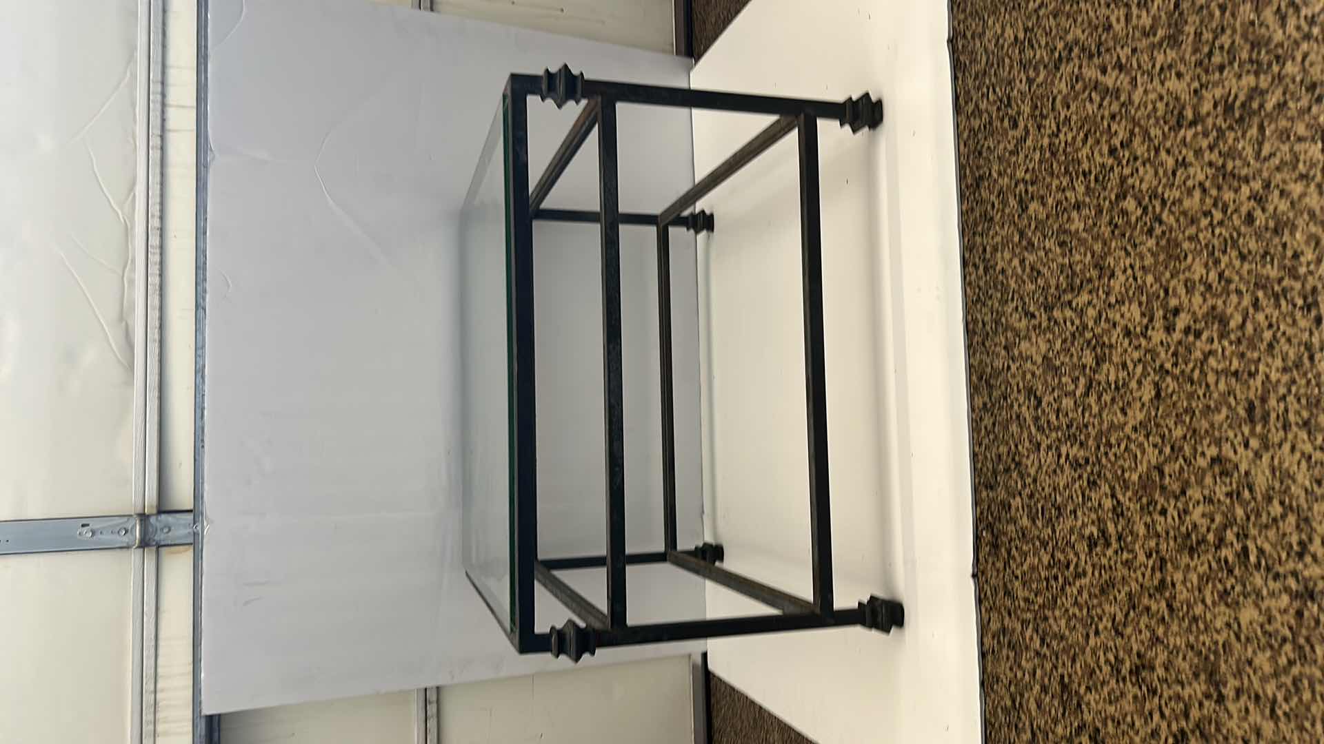 Photo 6 of HEAVY AGED METAL COFFEE TABLE WITH 3 GLASS PIECES FROM MONTEREY CA $760 in 1989 27” x 27” x H19”