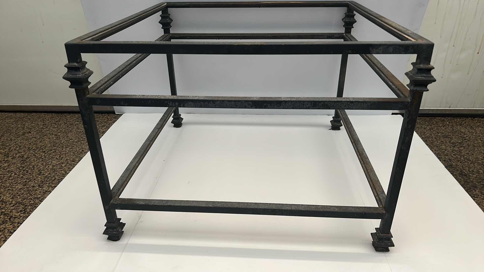 Photo 8 of HEAVY AGED METAL COFFEE TABLE WITH 3 GLASS PIECES FROM MONTEREY CA $760 in 1989 27” x 27” x H19”