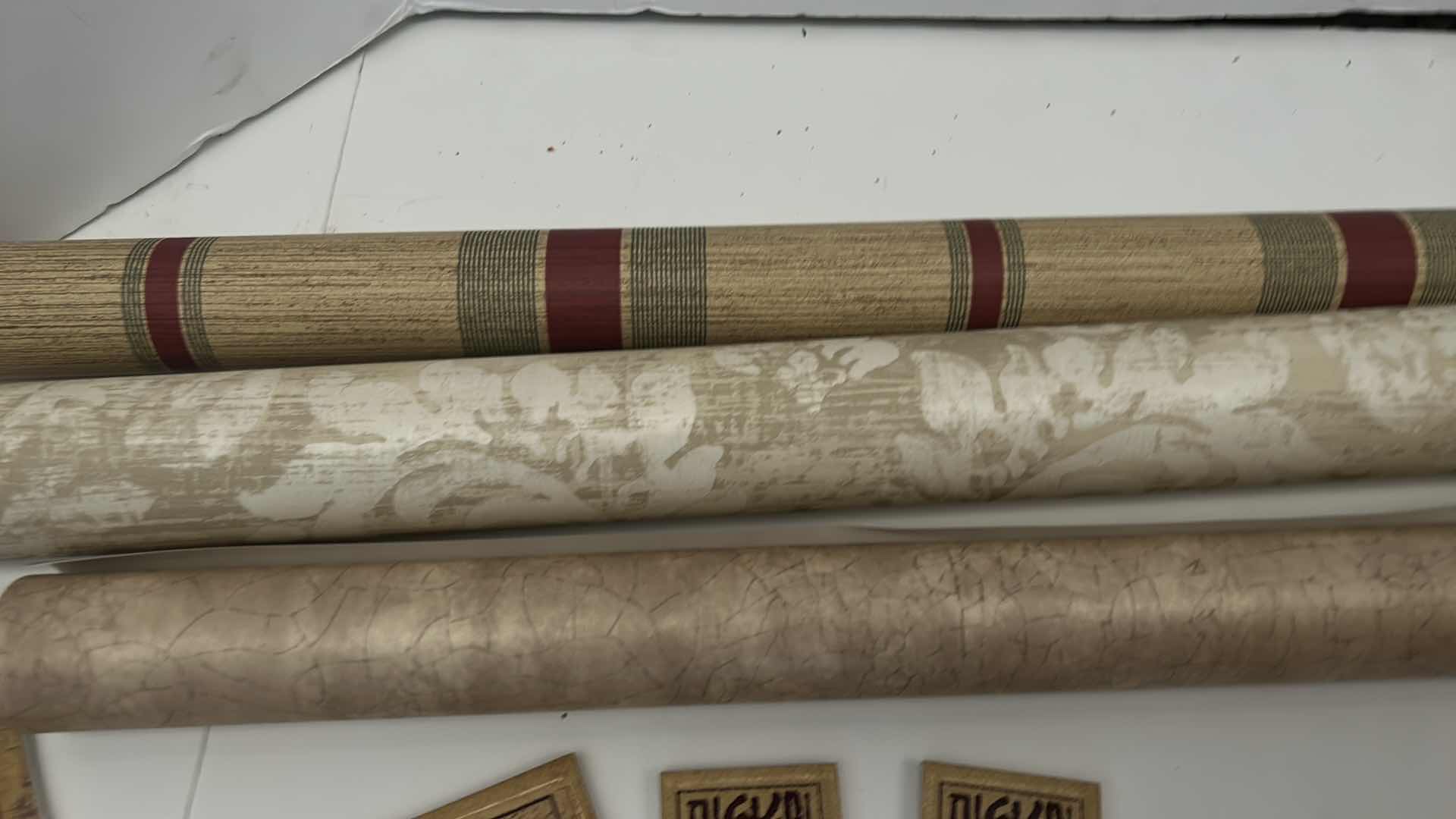 Photo 1 of BOX OF SMALL CERAMIC TILES BY DEBRA OSBURN LIVING CERAMICS AND 3 ROLLS OF WALLPAPER 