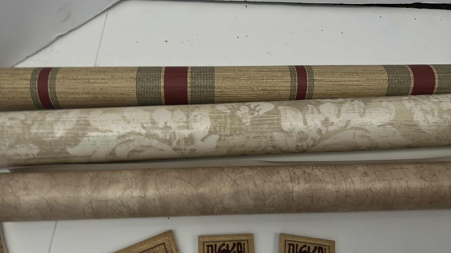 Photo 1 of BOX OF SMALL CERAMIC TILES BY DEBRA OSBURN LIVING CERAMICS AND 3 ROLLS OF WALLPAPER 