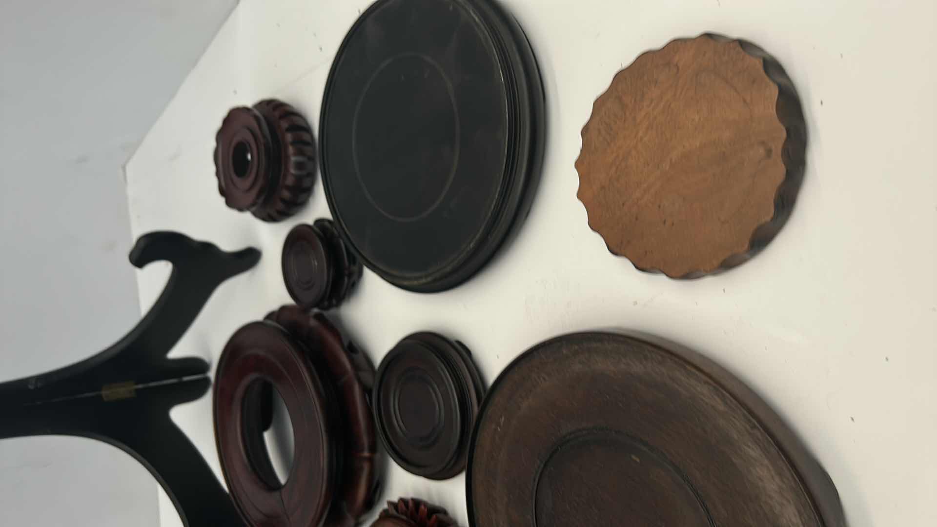 Photo 1 of BOX OF CHINESE WOOD VASE / POT STANDS, LARGEST FITS  7.25” BASE