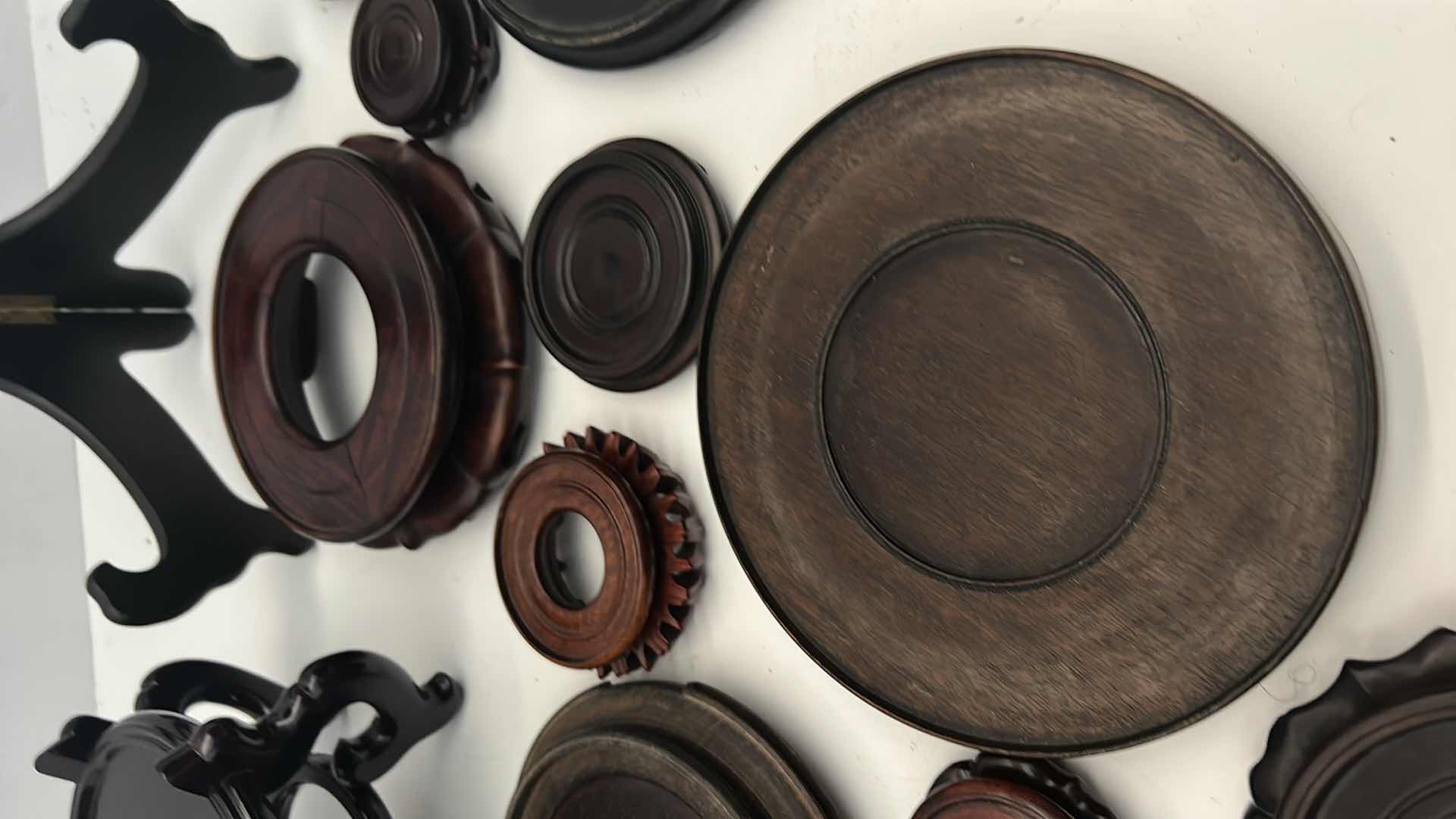 Photo 1 of BOX OF CHINESE WOOD VASE / POT STANDS, LARGEST FITS  7.25” BASE