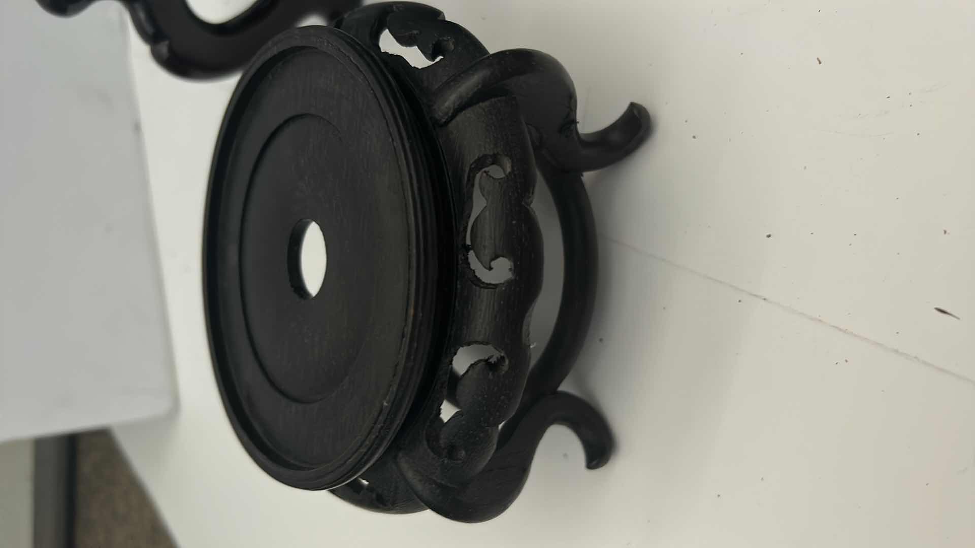 Photo 1 of BOX OF CHINESE WOOD VASE / POT STANDS, LARGEST FITS  7.25” BASE