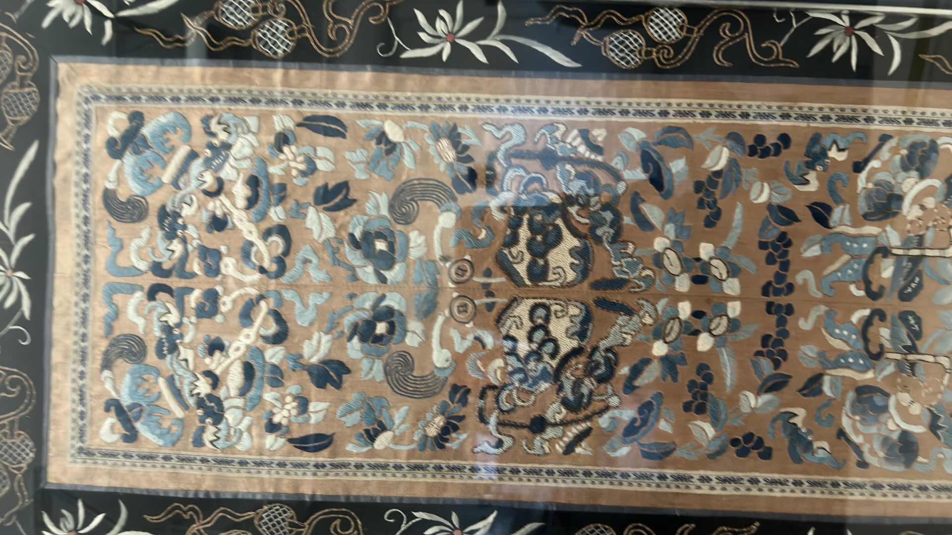 Photo 1 of 1VINTAGE CHINESE SILK FABRIC WITH SILK EMROIDERY FRAMED ARTWORK 9” x 32”