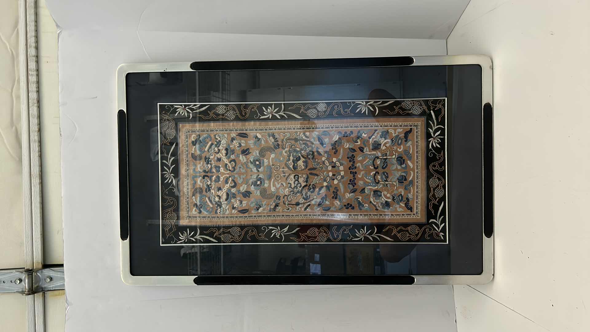 Photo 1 of 1VINTAGE CHINESE SILK FABRIC WITH SILK EMROIDERY FRAMED ARTWORK 9” x 32”