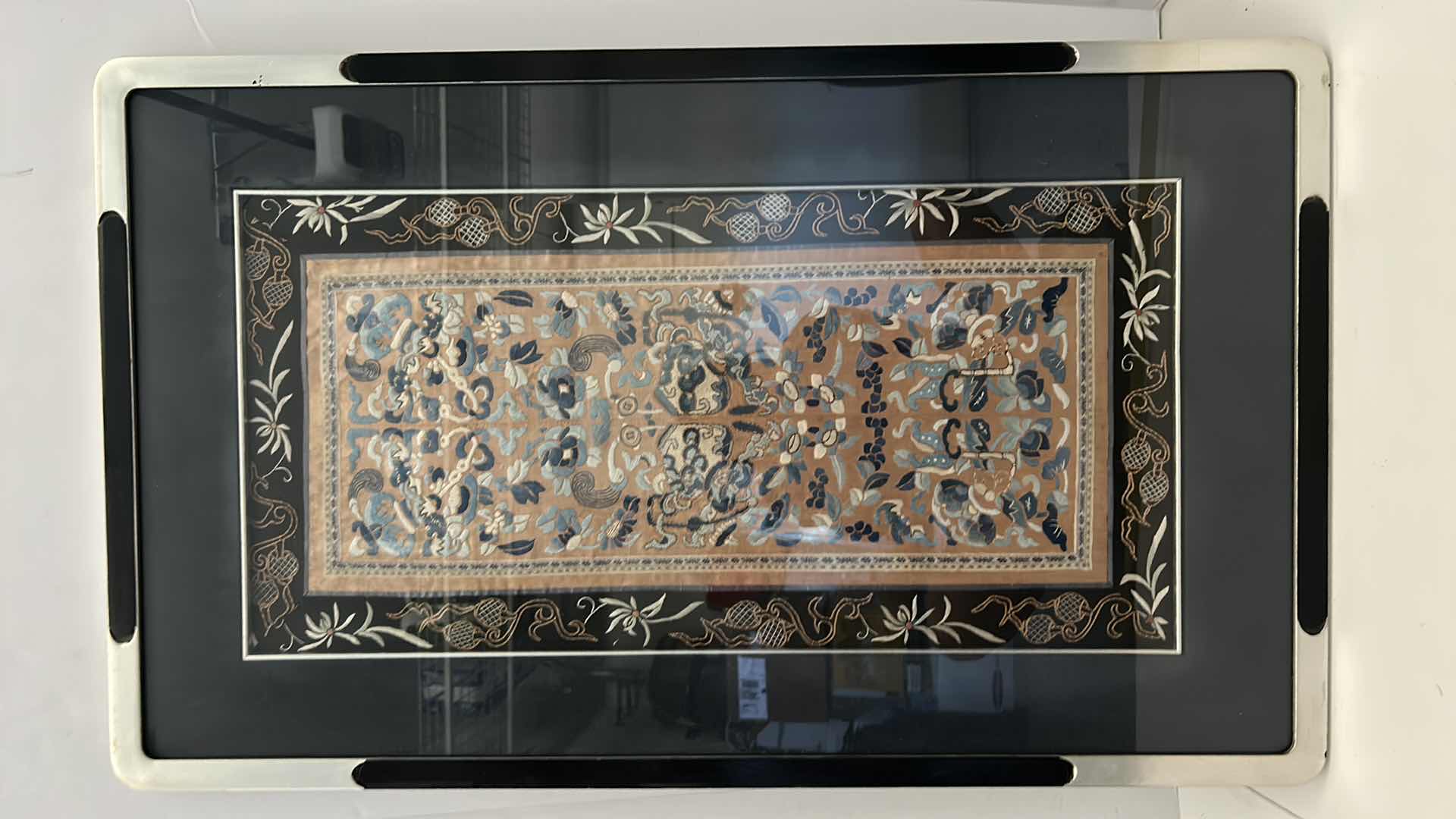 Photo 1 of 1VINTAGE CHINESE SILK FABRIC WITH SILK EMROIDERY FRAMED ARTWORK 9” x 32”
