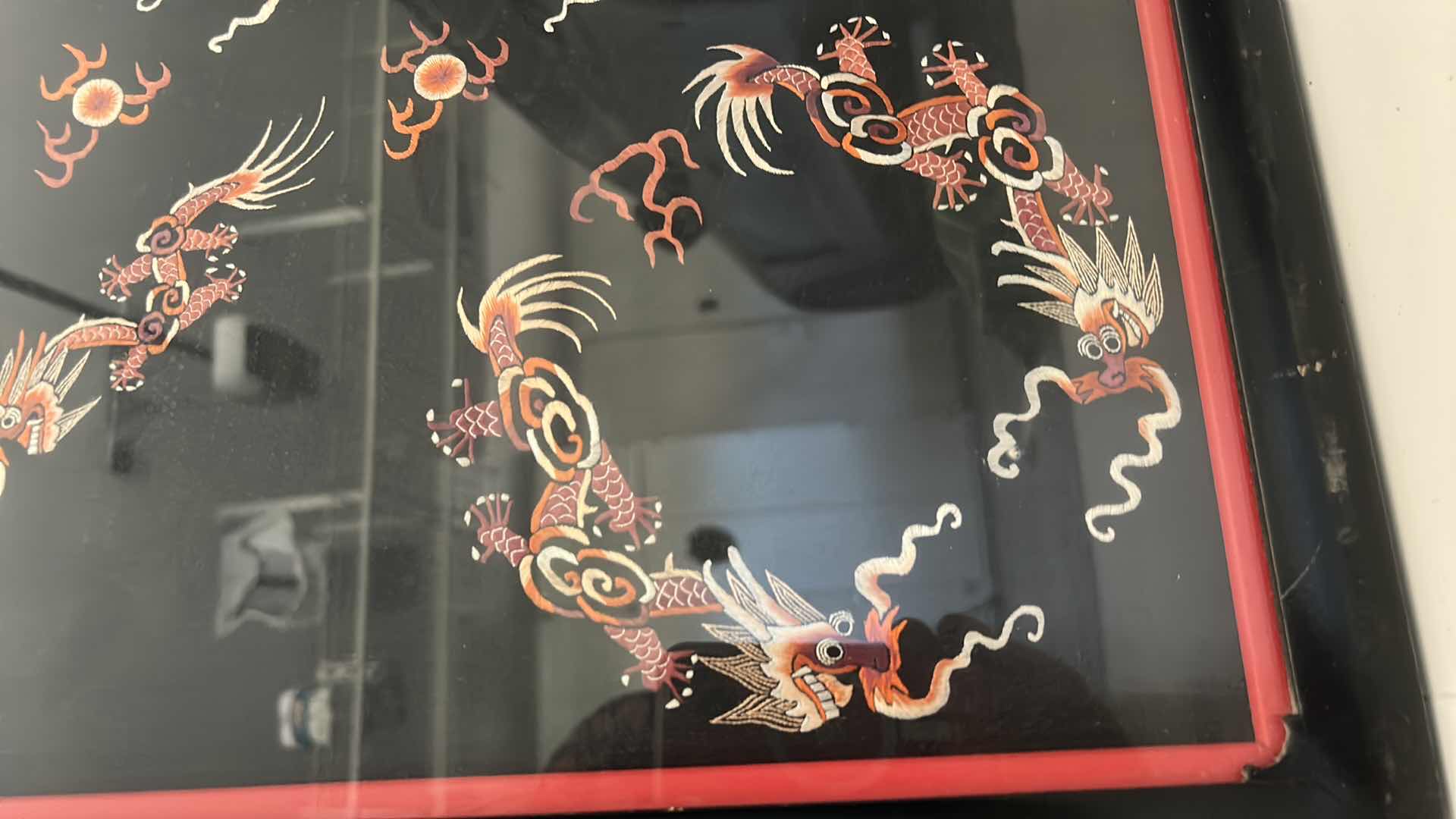 Photo 1 of ANTIQUE CHINESE TEXTILE FABRIC, SILK WITH SILK THREAD HAND EMBROIDERY ARTWORK FRAMED 21 1/2” x 30”