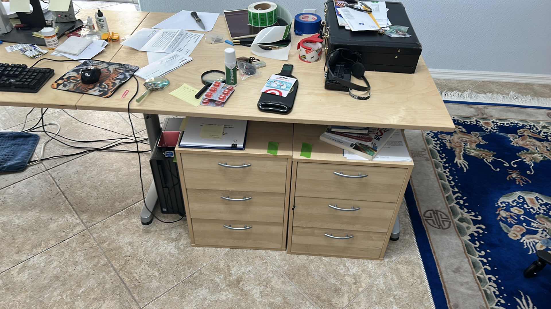 Photo 1 of LARGE 3 PC  OFFICE DESK AND WORKSTATION -  LEFT TABLE 47” x 23 1/2” X H28" DESK PIECE 83"  (from left to right) X 64" X H28"  SMALL TABLE  (RIGHT OF CORNER DESK) 47" X 23.5" X H28" (NOTHING ELSE PICTURED IS  INCLUDED) 