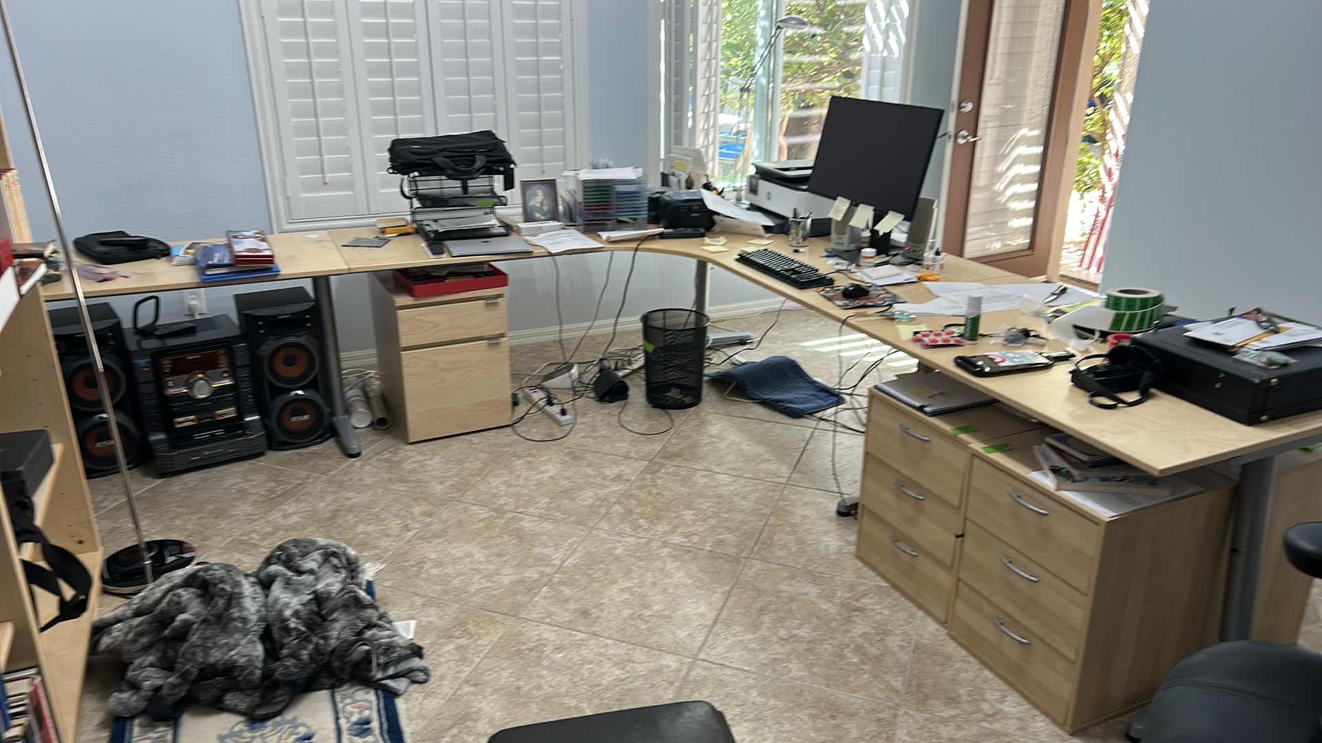 Photo 1 of LARGE 3 PC  OFFICE DESK AND WORKSTATION -  LEFT TABLE 47” x 23 1/2” X H28" DESK PIECE 83"  (from left to right) X 64" X H28"  SMALL TABLE  (RIGHT OF CORNER DESK) 47" X 23.5" X H28" (NOTHING ELSE PICTURED IS  INCLUDED) 