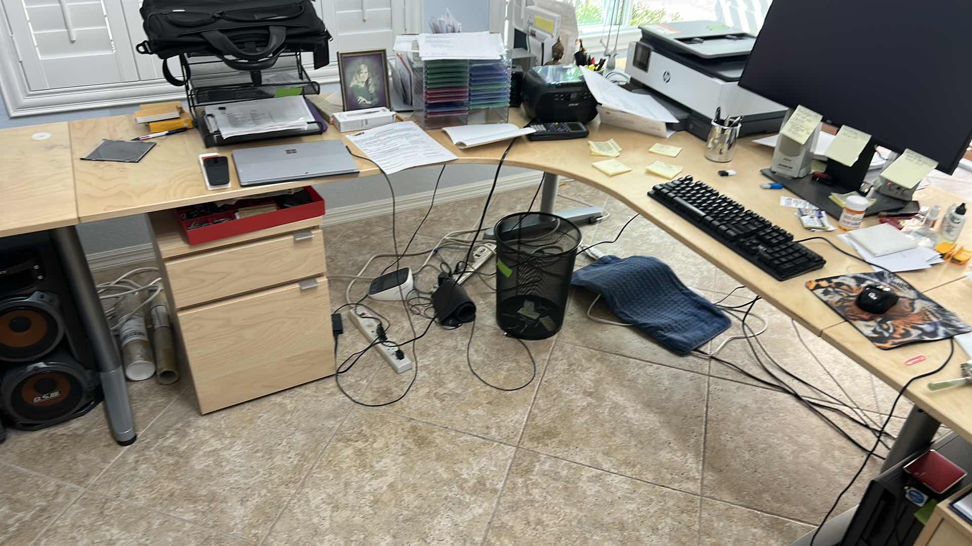 Photo 1 of LARGE 3 PC  OFFICE DESK AND WORKSTATION -  LEFT TABLE 47” x 23 1/2” X H28" DESK PIECE 83"  (from left to right) X 64" X H28"  SMALL TABLE  (RIGHT OF CORNER DESK) 47" X 23.5" X H28" (NOTHING ELSE PICTURED IS  INCLUDED) 