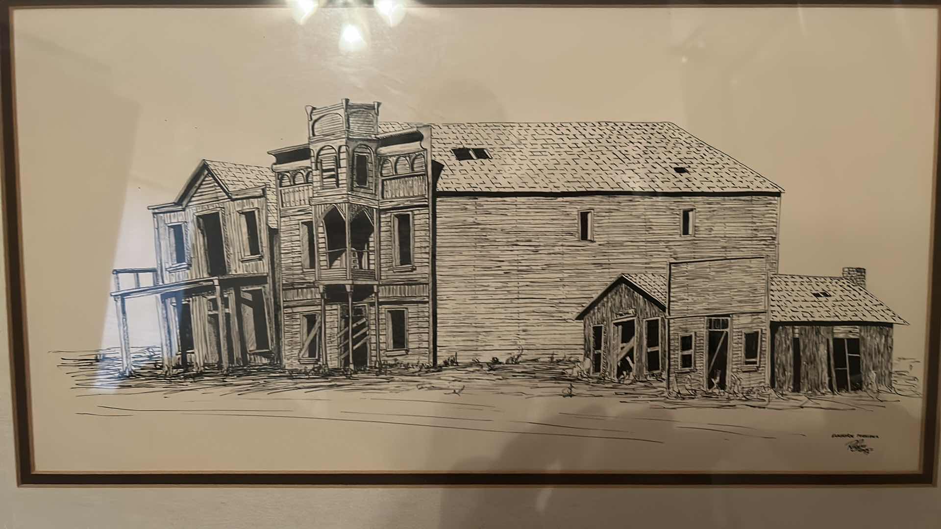 Photo 1 of BLACK AND WHITE PEN AND INK DRAWING SIGNED, FRAMED ARTWORK, 22 1/4” x 14 1/4”