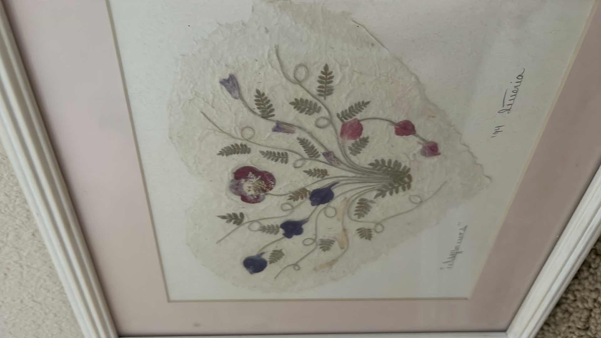 Photo 1 of "Wildflowers" signed pressed flower heart artwork framed 11“ x 11“