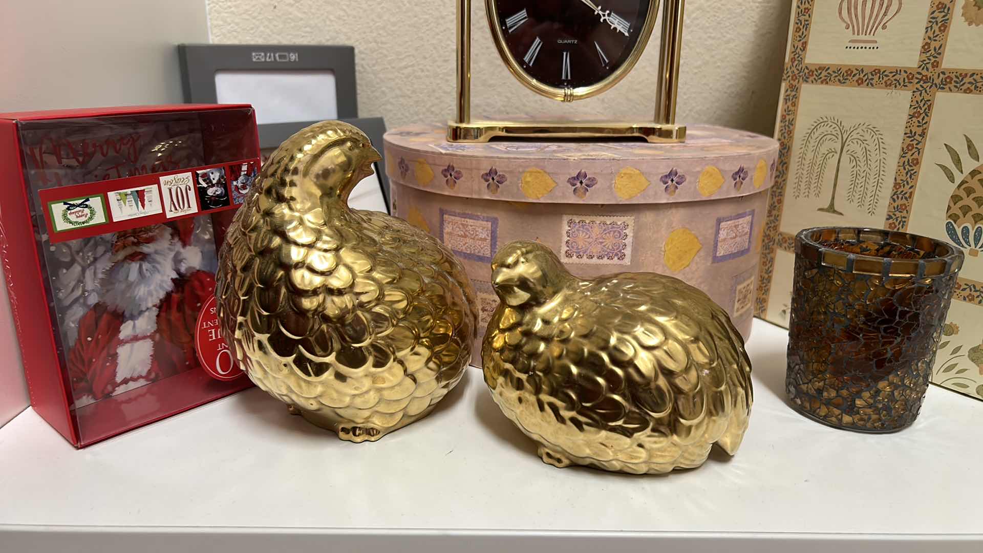 Photo 1 of Home decor assortment- gold quail, floral, hat boxes, and more