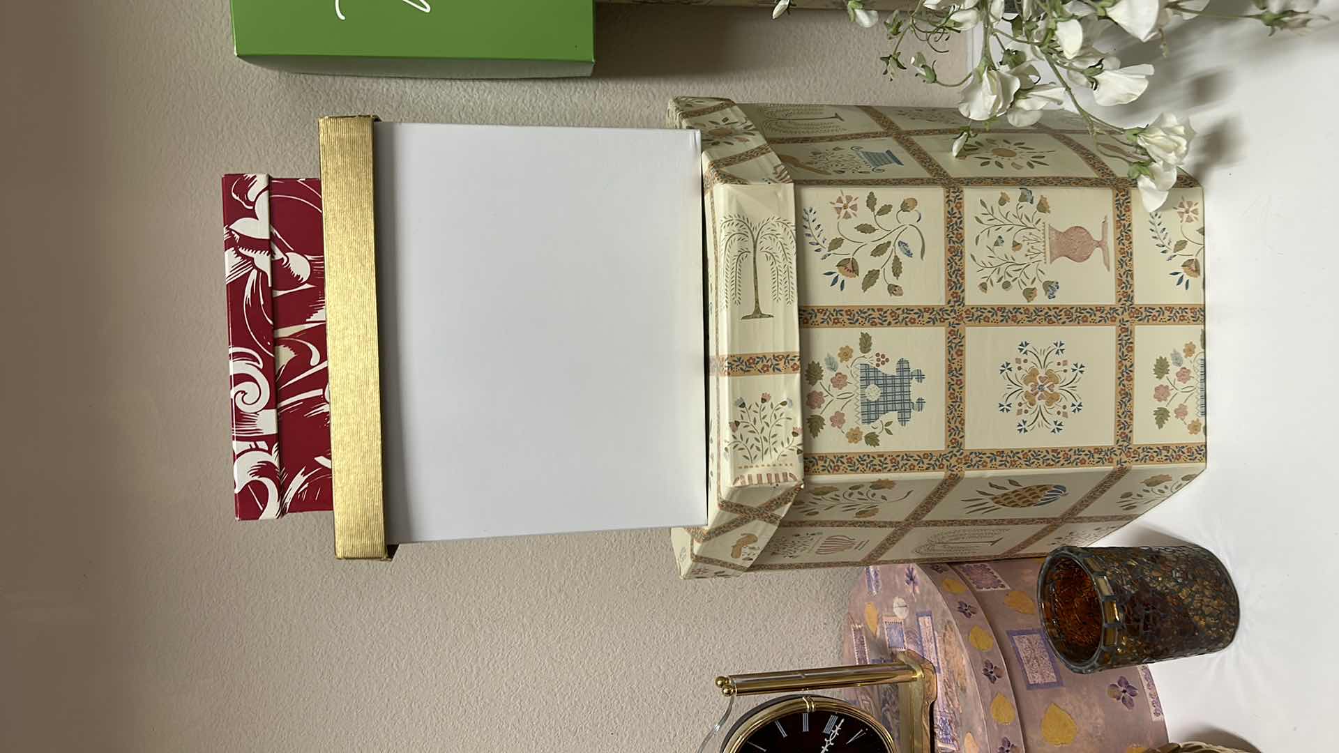 Photo 1 of Home decor assortment- gold quail, floral, hat boxes, and more