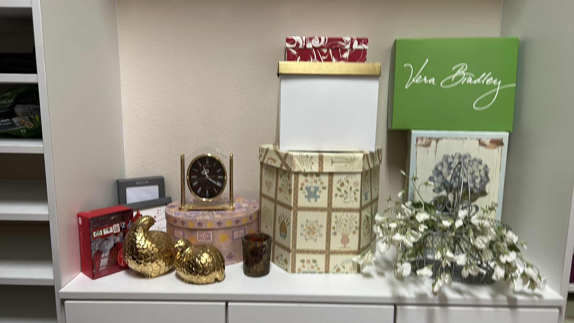Photo 1 of Home decor assortment- gold quail, floral, hat boxes, and more