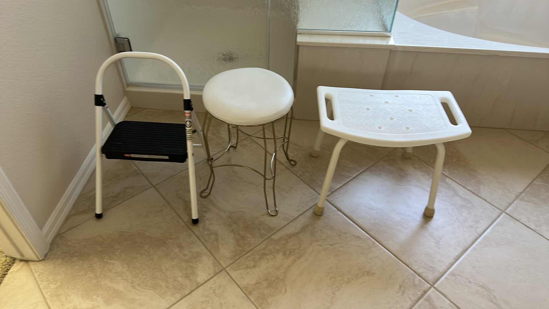 Photo 1 of 3 stools - stepstool, vanity stool, and shower stool