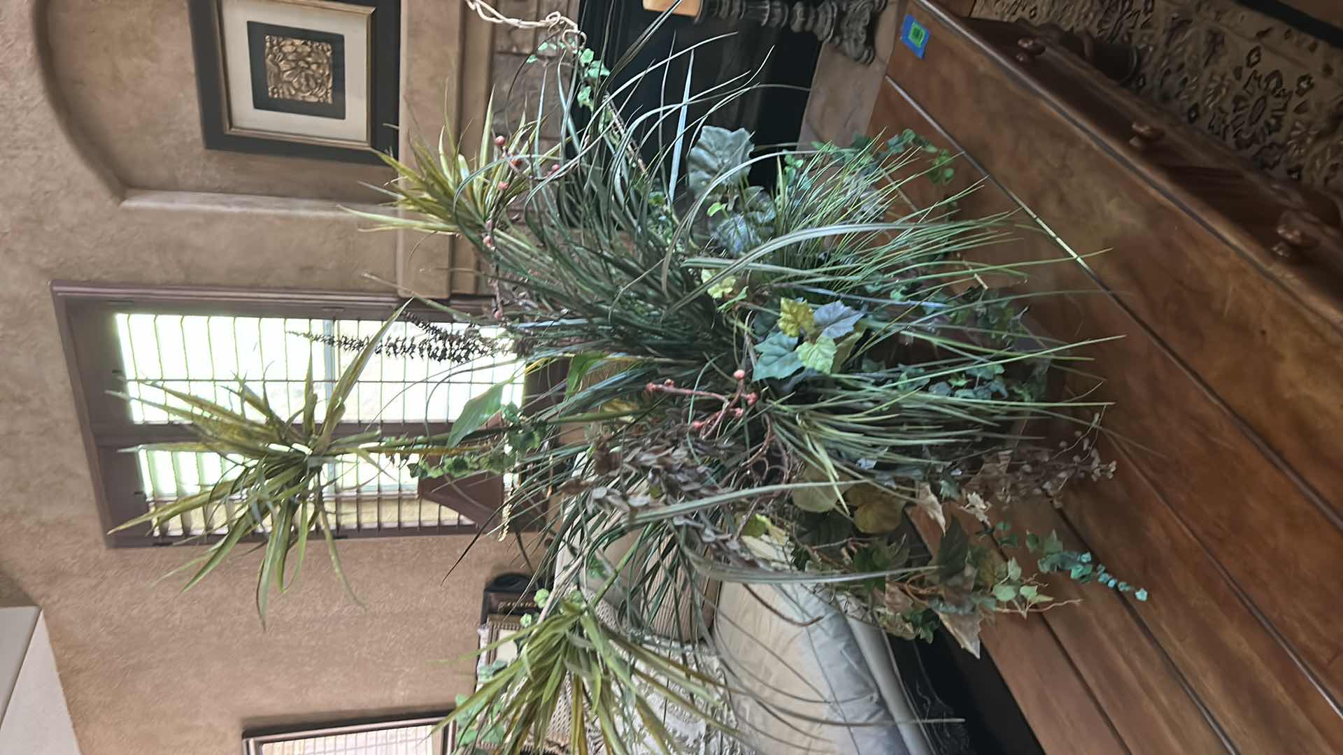 Photo 1 of LARGE FAUX GREENERY ARRANGEMENT IN METAL VASE / URN H51"