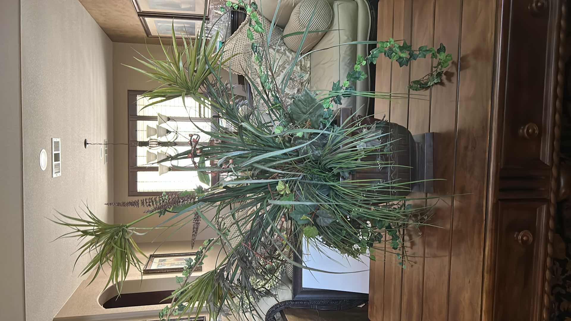 Photo 1 of LARGE FAUX GREENERY ARRANGEMENT IN METAL VASE / URN H51"