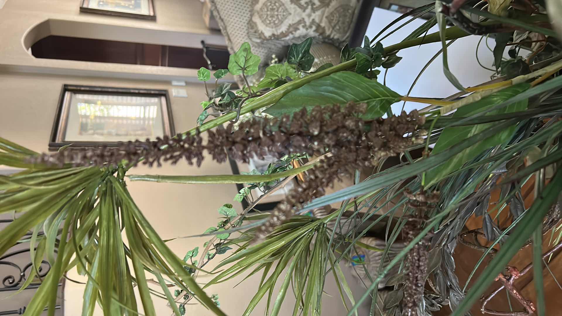 Photo 1 of LARGE FAUX GREENERY ARRANGEMENT IN METAL VASE / URN H51"