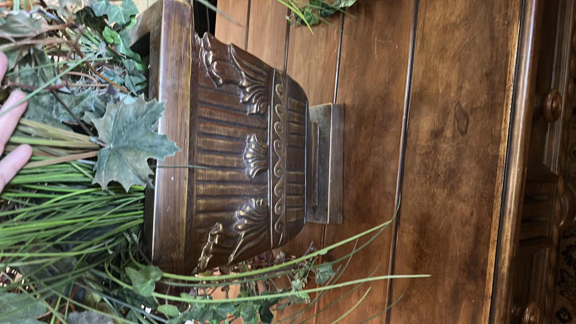 Photo 1 of LARGE FAUX GREENERY ARRANGEMENT IN METAL VASE / URN H51"