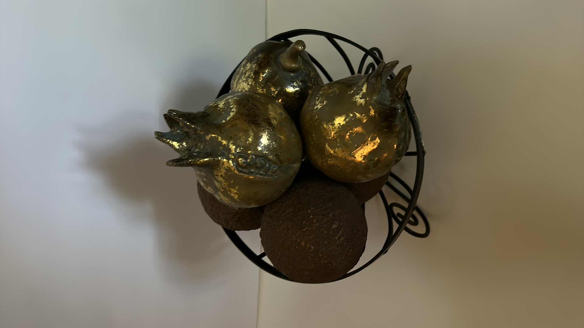 Photo 1 of METAL BOWL WITH GOLDEN POMEGRANATES AND METAL ORBS 5"  (BASKET  10” x H 7”)